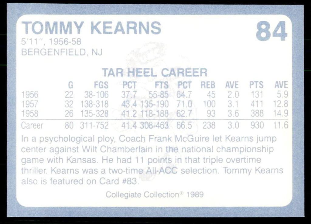1989-90 Coca Cola Collegiate Collection Tommy Kearns Basketball Cards #84