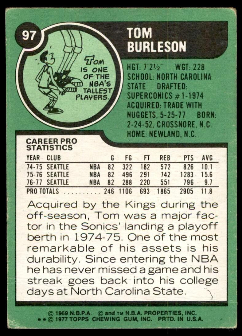 1977-78 Topps Basketball Card Tom Burleson Kansas City Kings #97