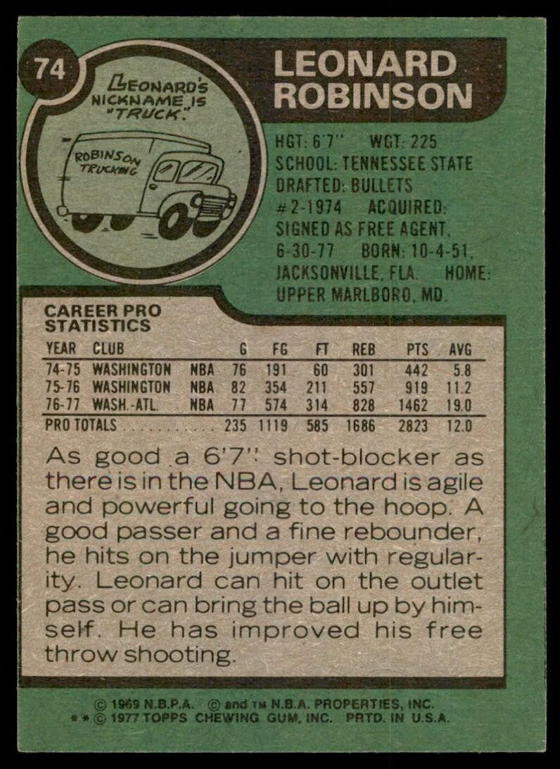 1977-78 Topps Basketball Card Leonard Robinson New Orleans Jazz #74