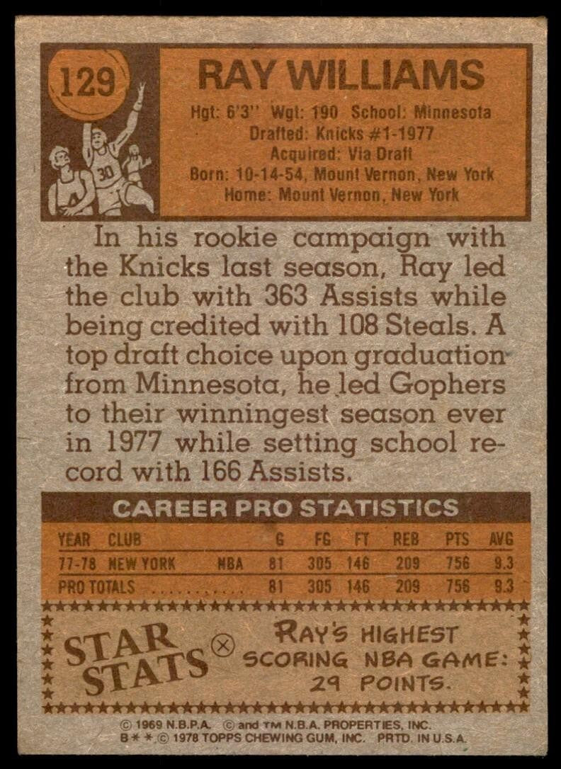 1978-79 Topps Basketball Card Ray Williams B New York Knicks #129