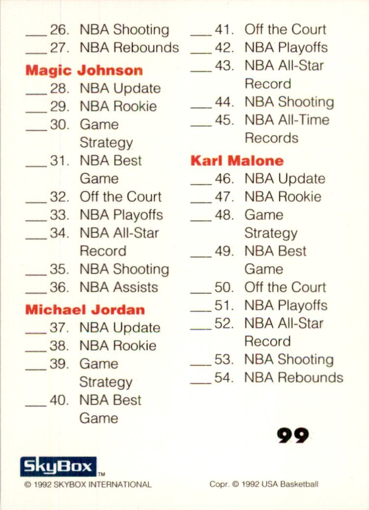 1992-93 SkyBox USA Basketball Checklist 1-54 Basketball Cards. #99