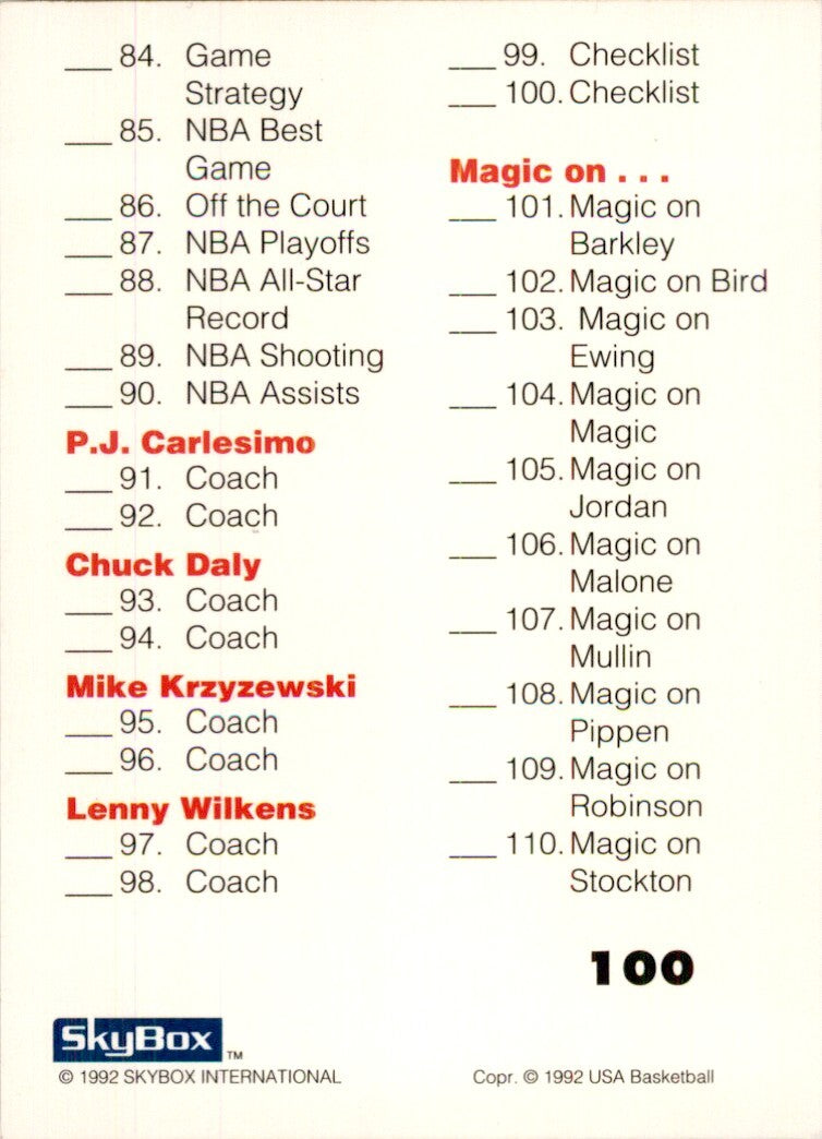 1992-93 SkyBox USA Basketball Checklist 55-110 Basketball Cards. #100