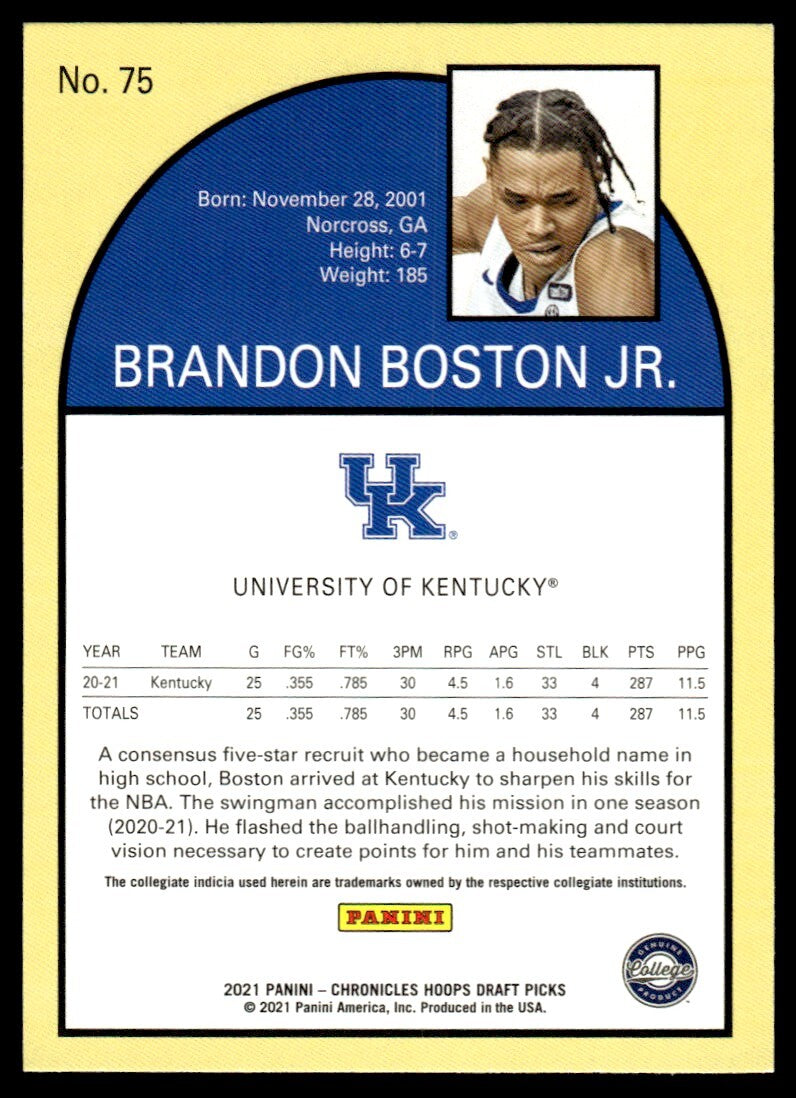 2021-22 Hoops Chronicles Draft Basketball Card Brandon Boston Jr. Kentucky