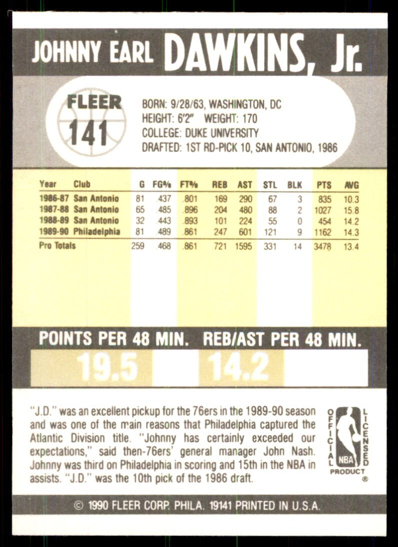1990-91 Fleer Johnny Dawkins (100) Basketball Cards #141