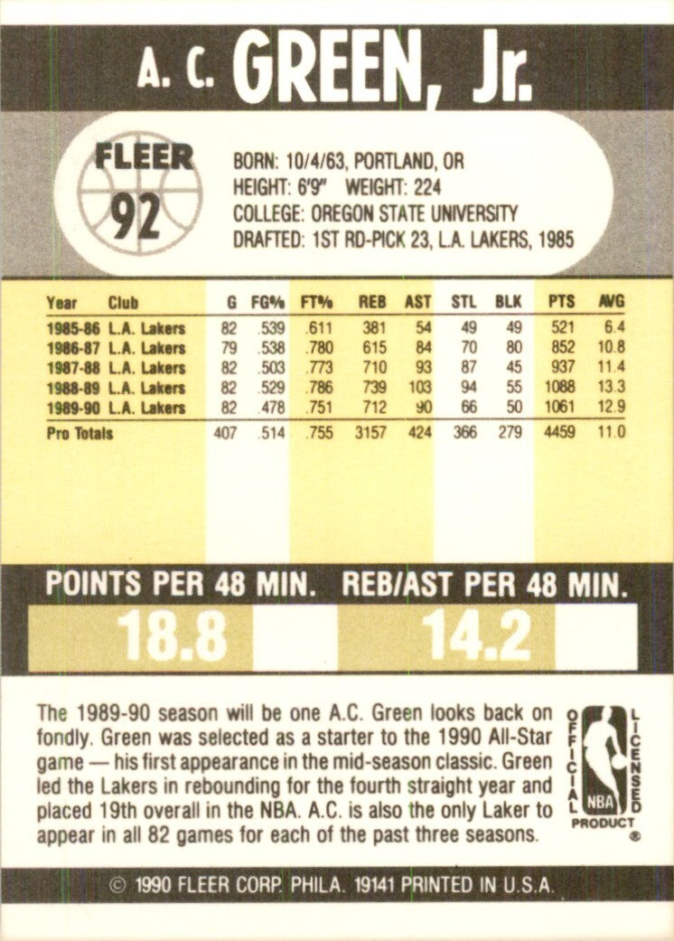 1990-91 Fleer A.C. Green Basketball Cards #92