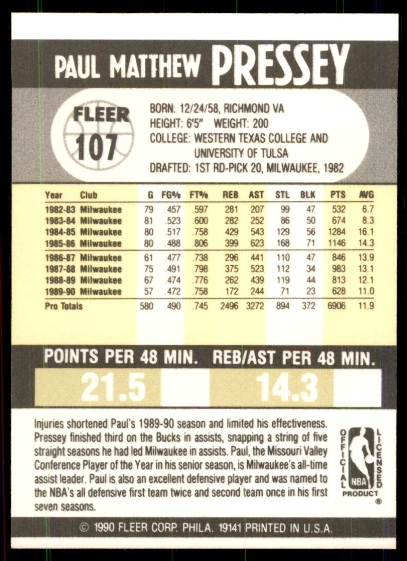 1990-91 Fleer Paul Pressey Basketball Cards #107