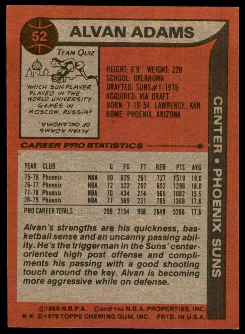 1979-80 Topps Basketball Card Alvan Adams Phoenix Suns #52