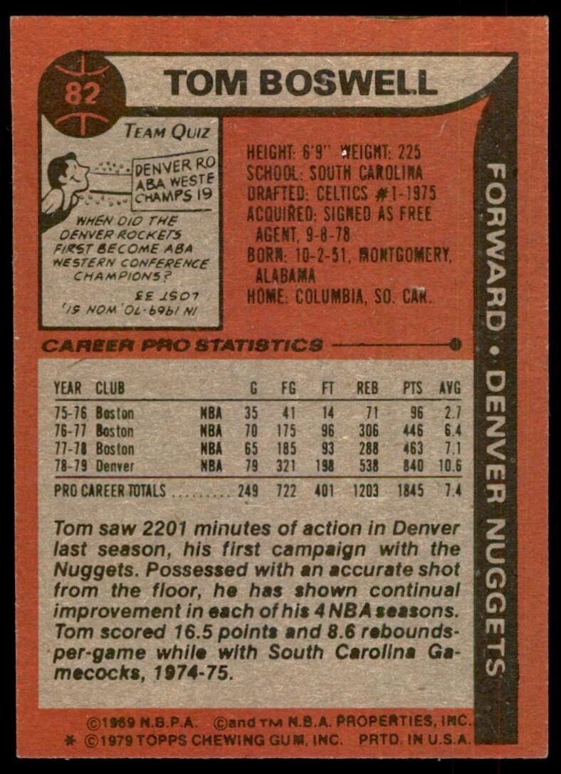 1979-80 Topps Basketball Card Tom Boswell A Denver Nuggets #82