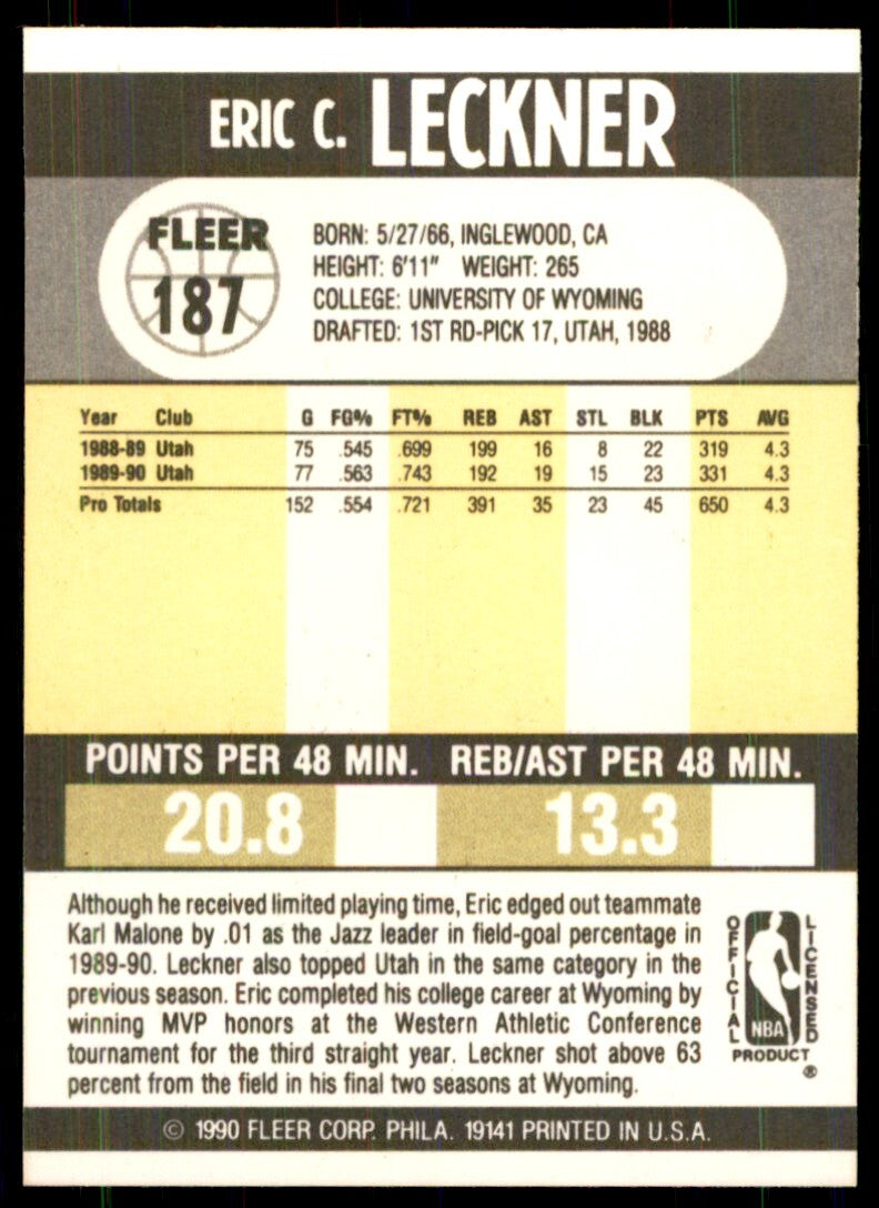 1990-91 Fleer Cards Eric Leckner (100) Basketball Cards #187