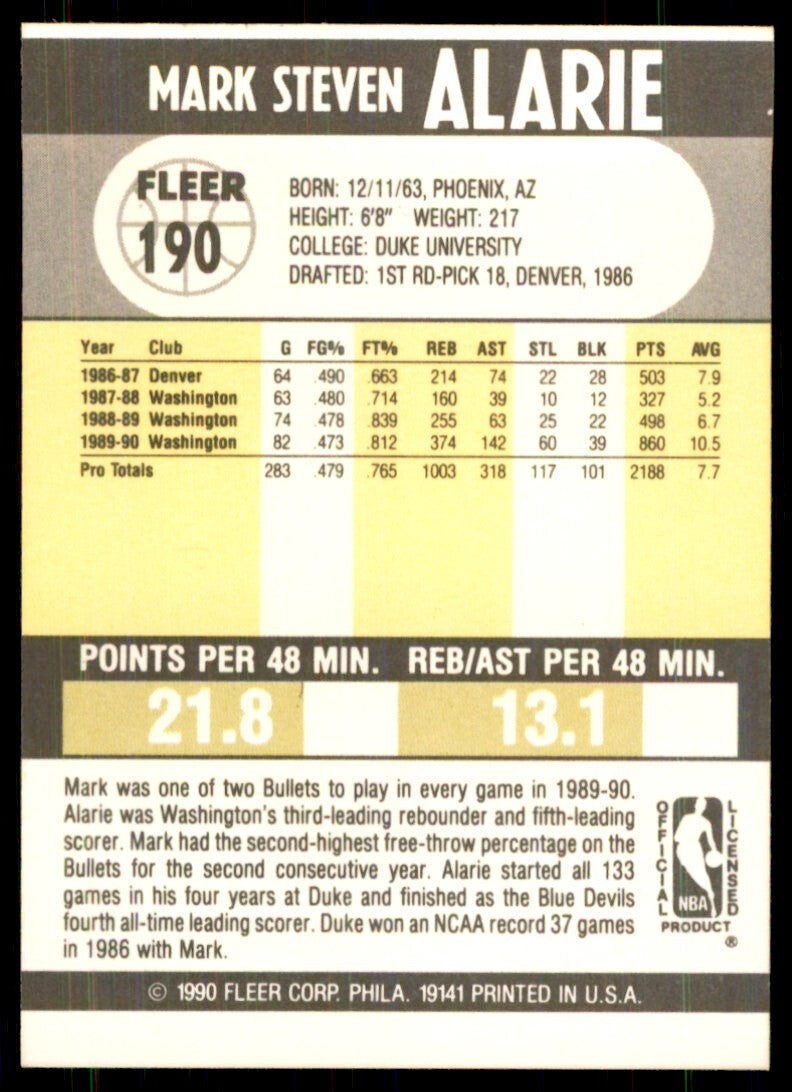 1990-91 Fleer Cards Mark Alarie (100) Basketball Cards #190