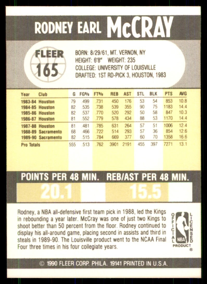 1990-91 Fleer Cards Rodney McCray Basketball Cards #165