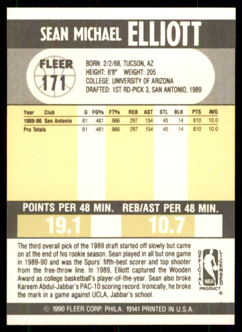 1990-91 Fleer Cards Sean Elliott Basketball Cards #171