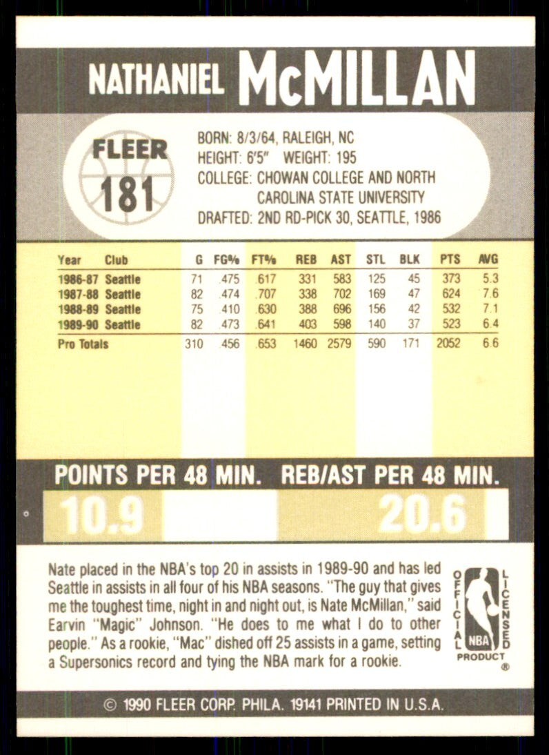1990-91 Fleer Cards Nate McMillan Basketball Cards #181