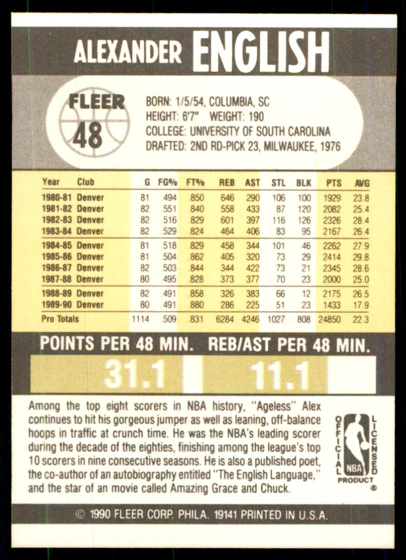 1990-91 Fleer Alex English Basketball Cards. #48