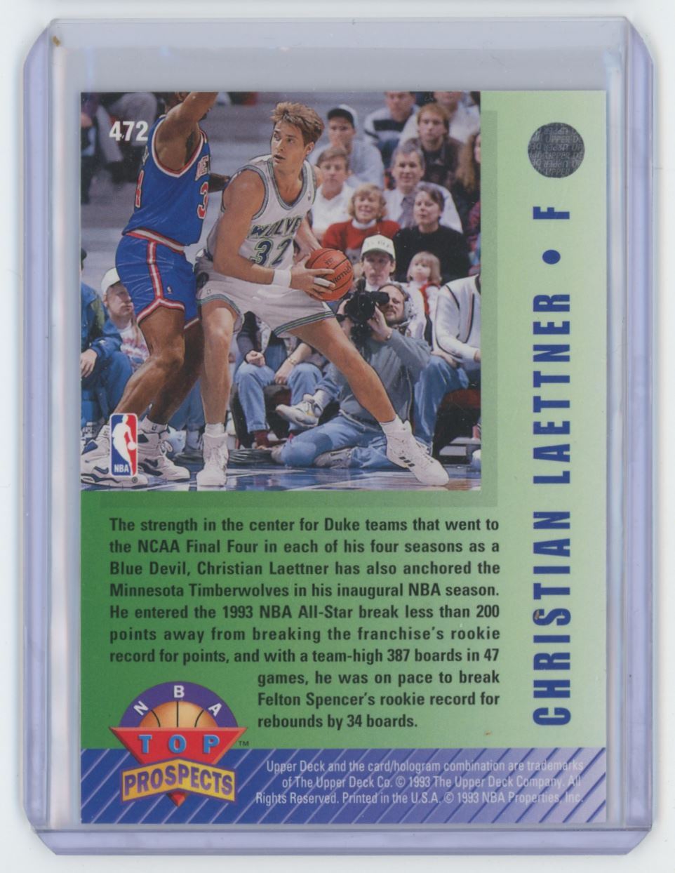 1992-93 Upper Deck Christian Laettner Basketball Card Minnesota Timberwolves