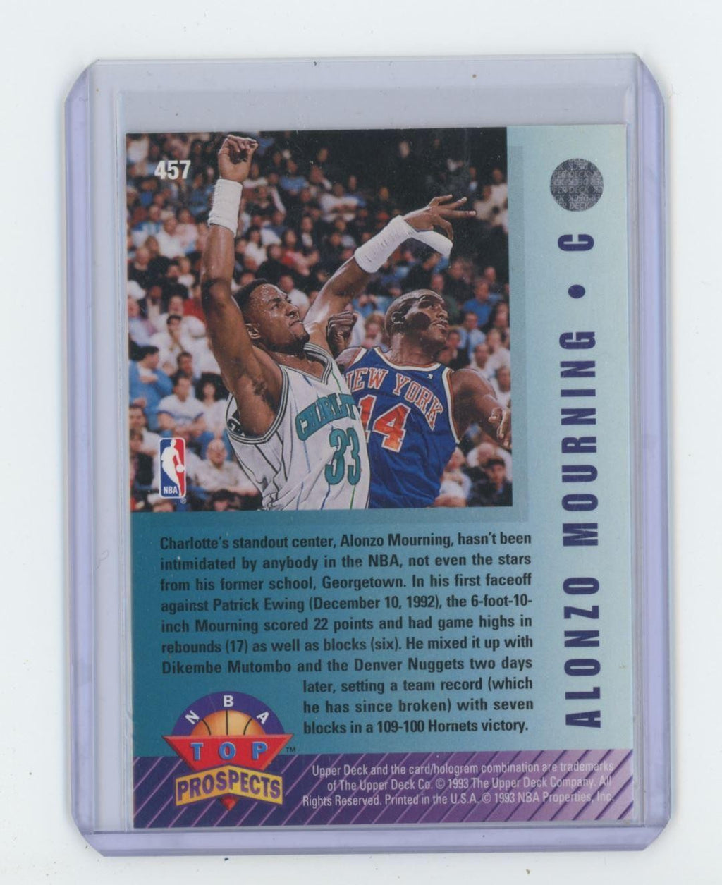 1992-93 Upper Deck Alonzo Mourning Basketball Card Charlotte Hornets #457