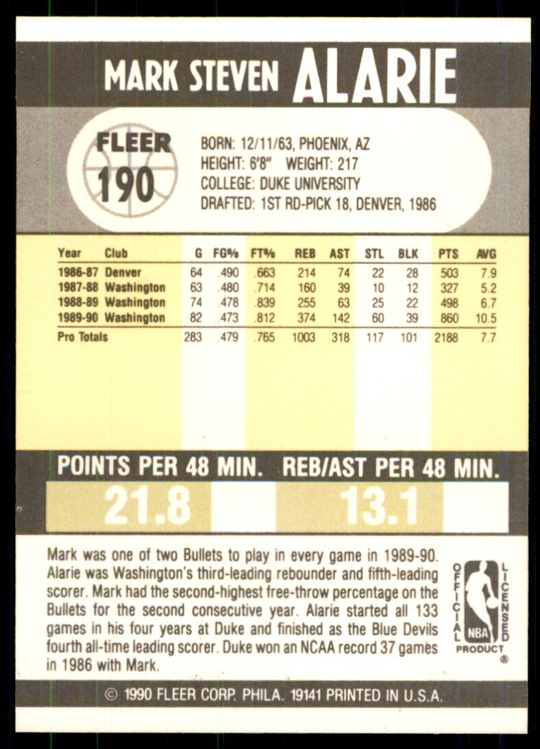 1990-91 Fleer Cards. Mark Alarie Basketball Cards. #190