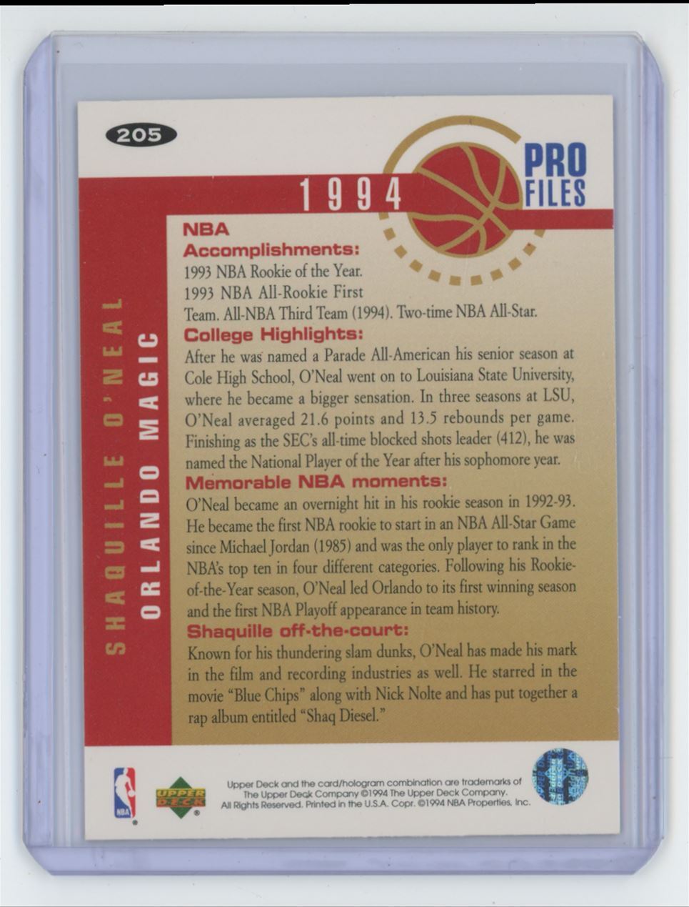 1994-95 Collector's Choice Shaquille O'Neal Basketball Card Orlando Magic #205