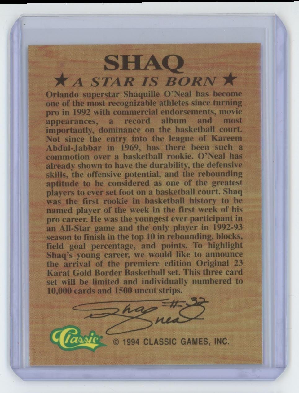 1994-95 Classic A Star Is Born Shaquille O'Neal Basketball Card