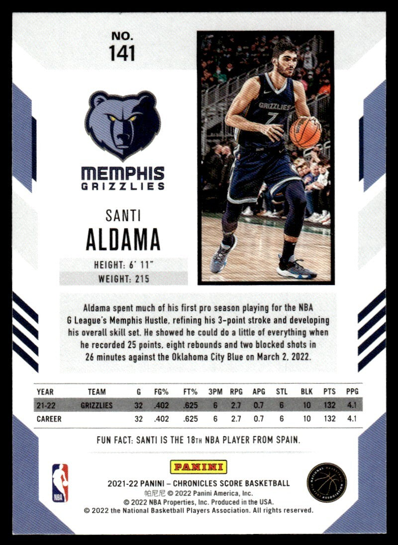 2021-22 Score Basketball Card Santi Aldama A Memphis Grizzlies #141