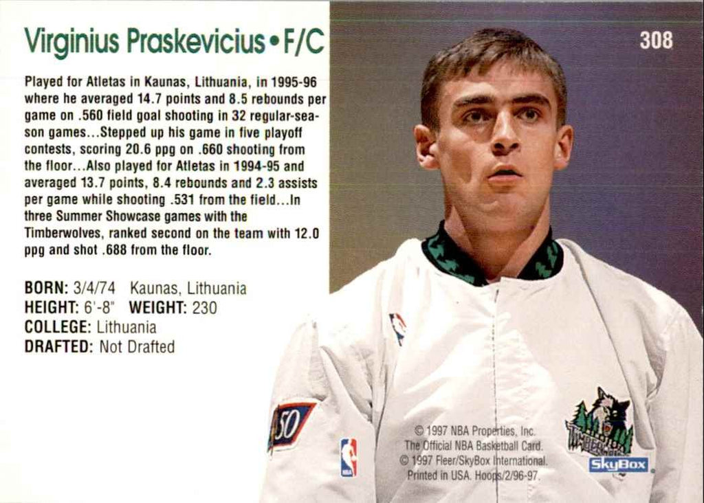 1996-97 NBA Hoops Virginius Praskevicius Basketball Cards #308