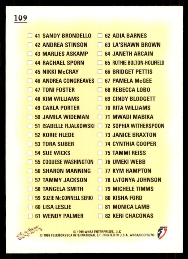 1999-00 Hoops WNBA Checklist (Hawks/Suns) Basketball Cards #109