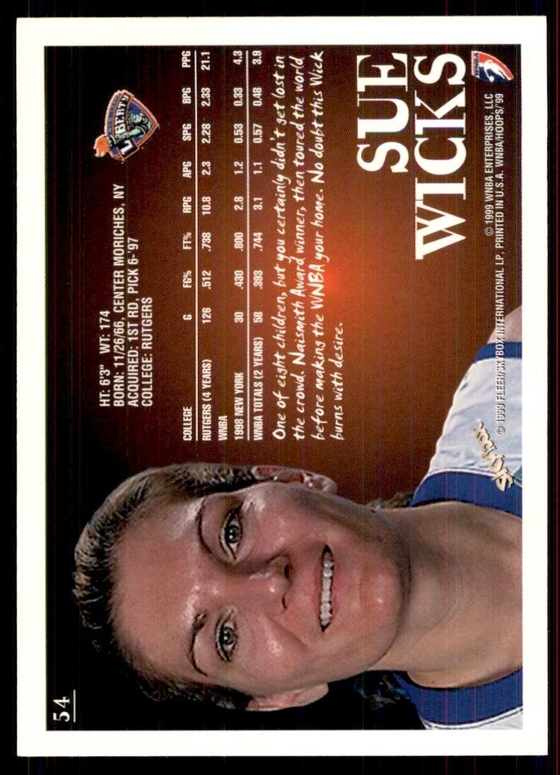 1999-00 Hoops WNBA Sue Wicks Basketball Cards #54