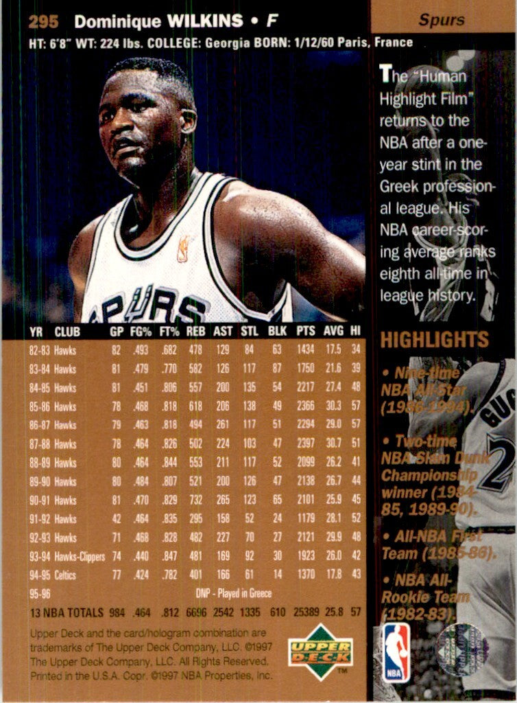 1996-97 Upper Deck Dominique Wilkins Basketball Cards #295