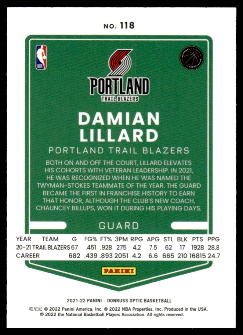 2021-22 Donruss Optic Basketball Card Damian Lillard Portland Trail Blazers #118
