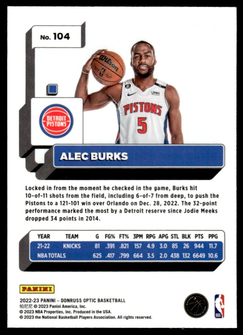 2022-23 Donruss Optic Basketball Card Alec Burks Detroit Pistons #104