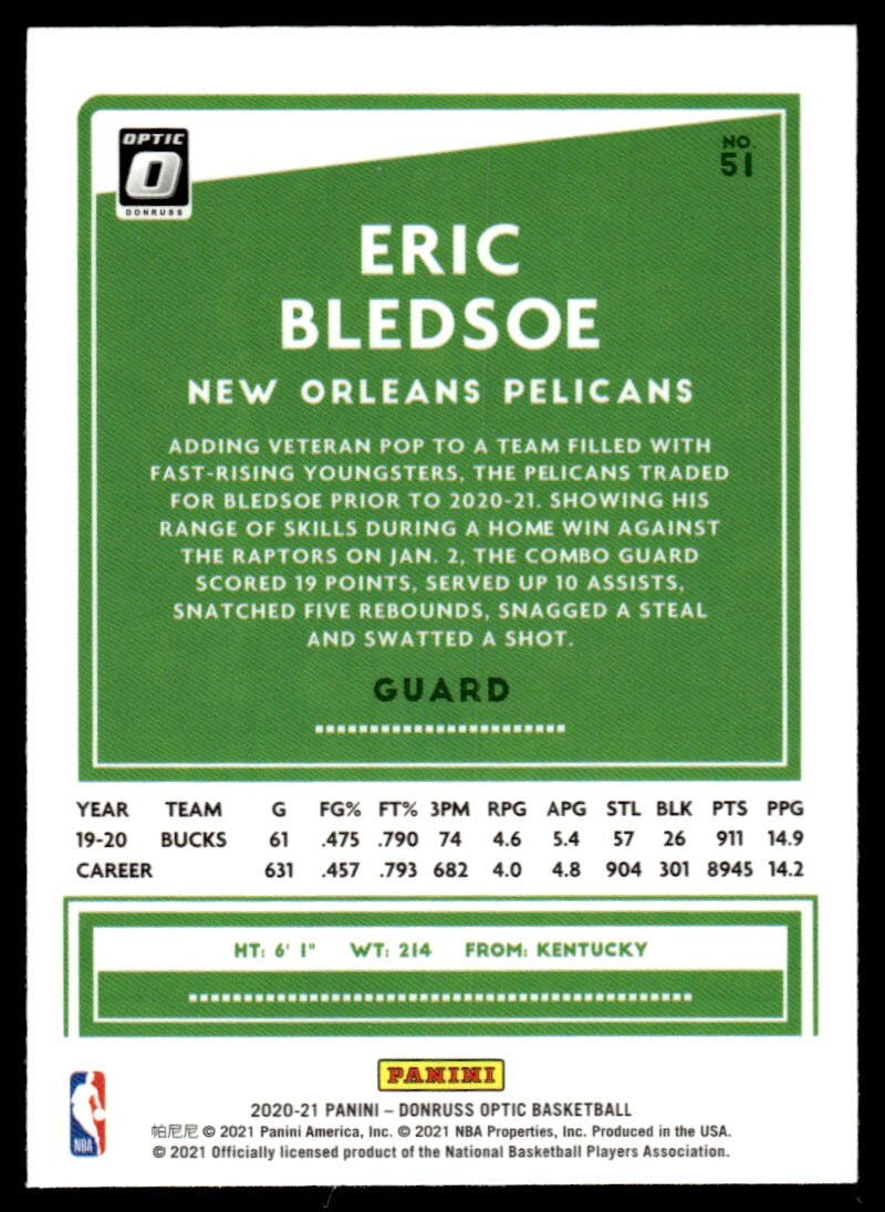 2020-21 Donruss Optic Basketball Card Eric Bledsoe New Orleans Pelicans #51