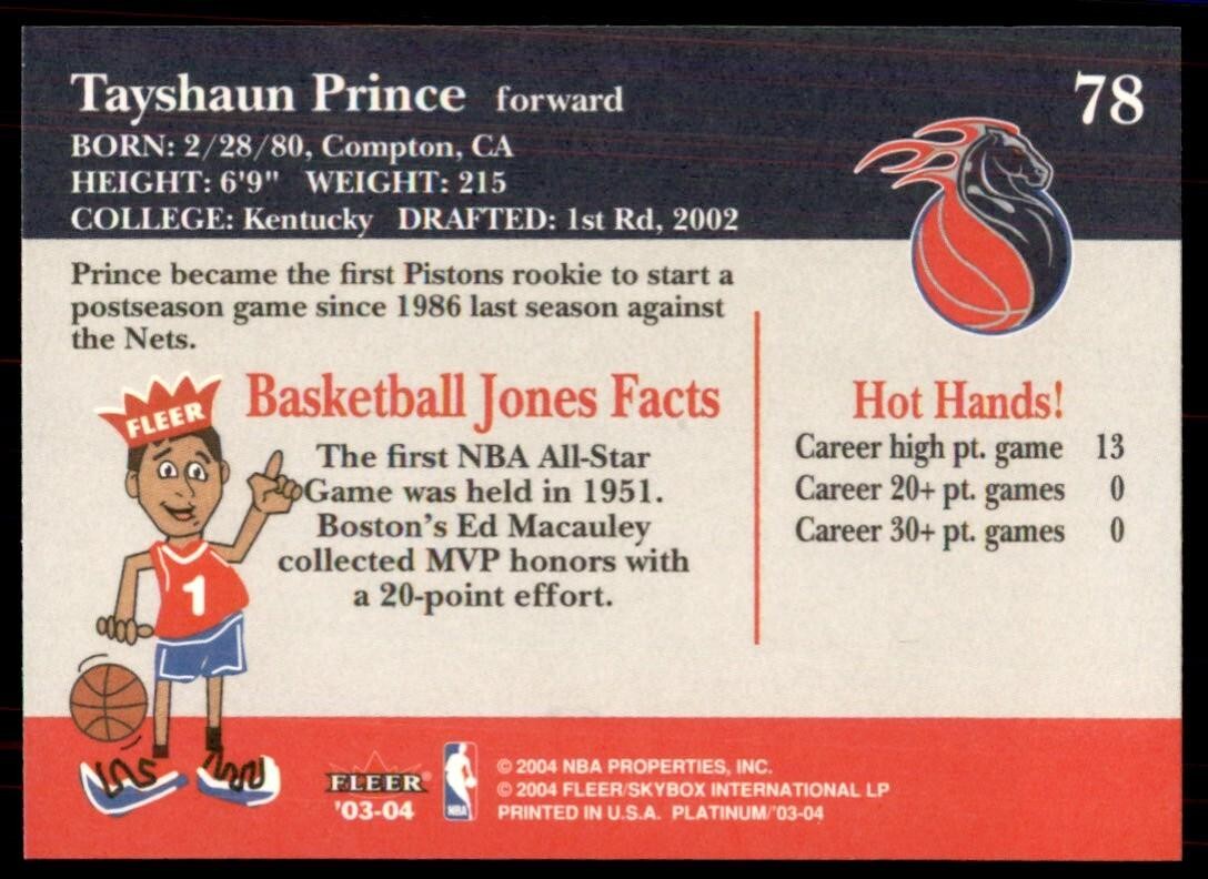 2003-04 Fleer Platinum Tayshaun Prince Basketball Cards #78