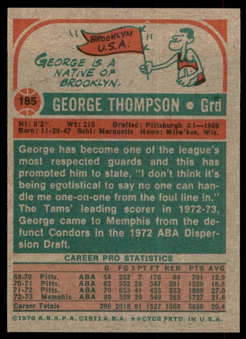 1973-74 Topps Baseball Card George Thompson Memphis Tams #185