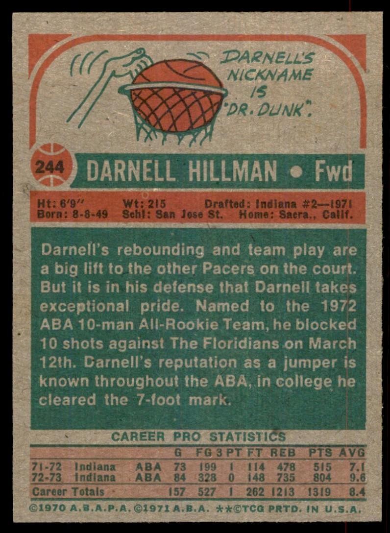 1973-74 Topps Basketball Card Darnell Hillman A Indiana Pacers #244