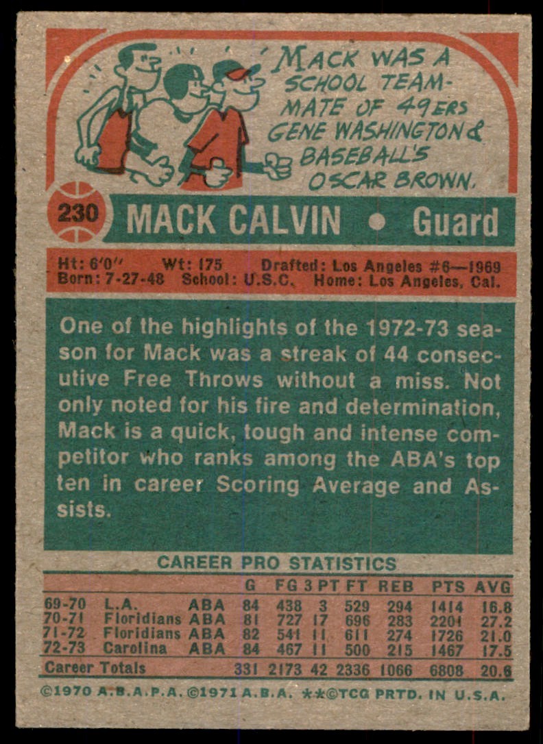1973-74 Topps Baseball Card Mack Calvin Carolina Cougars #230