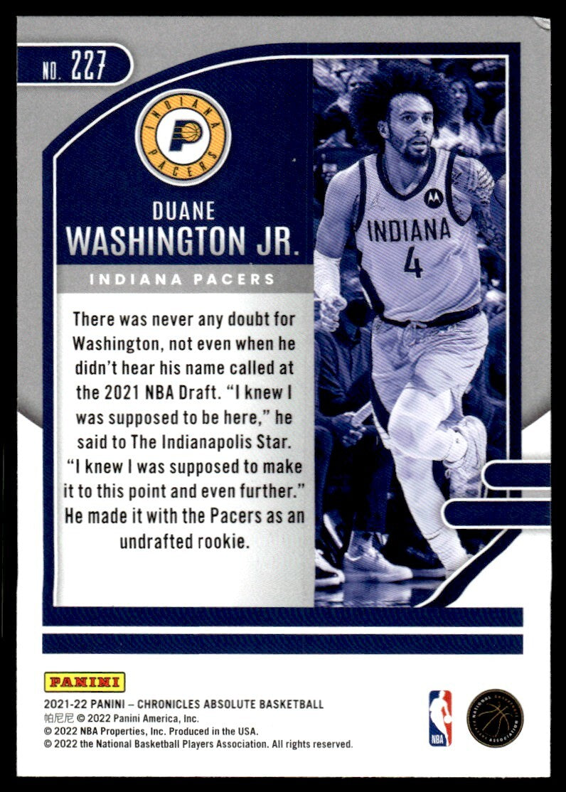 2021-22 Absolute Memorabilia Basketball Card Duane Washington Jr. Indiana Pacers