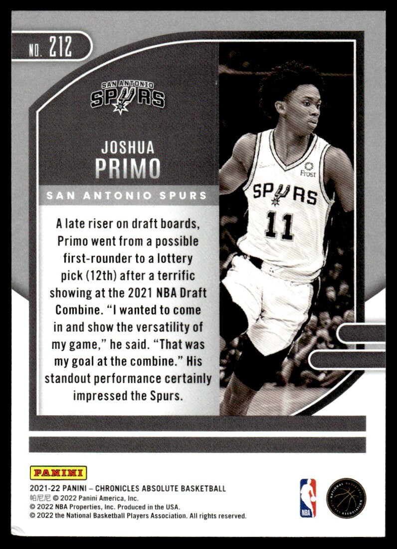 2021-22 Absolute Memorabilia Basketball Card Joshua Primo San Antonio Spurs #212