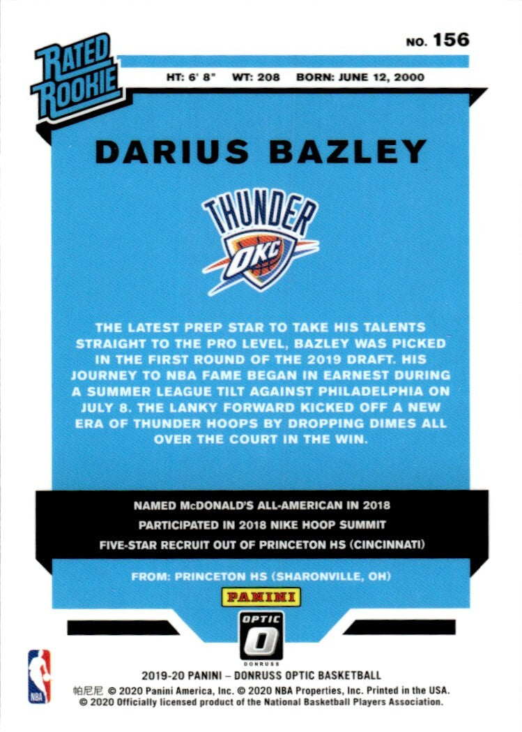 2019-20 Donruss Optic Basketball Card Darius Bazley Rookie Oklahoma City Thunder