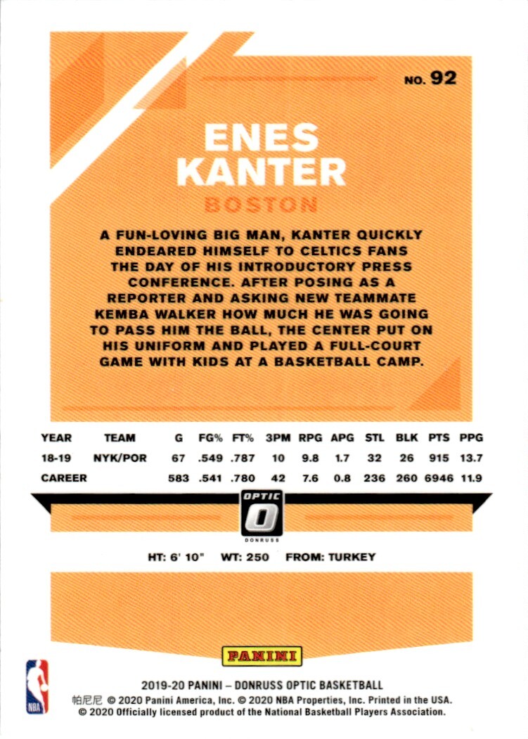 2019-20 Donruss Optic Basketball Card Enes Kanter Boston Celtics #92