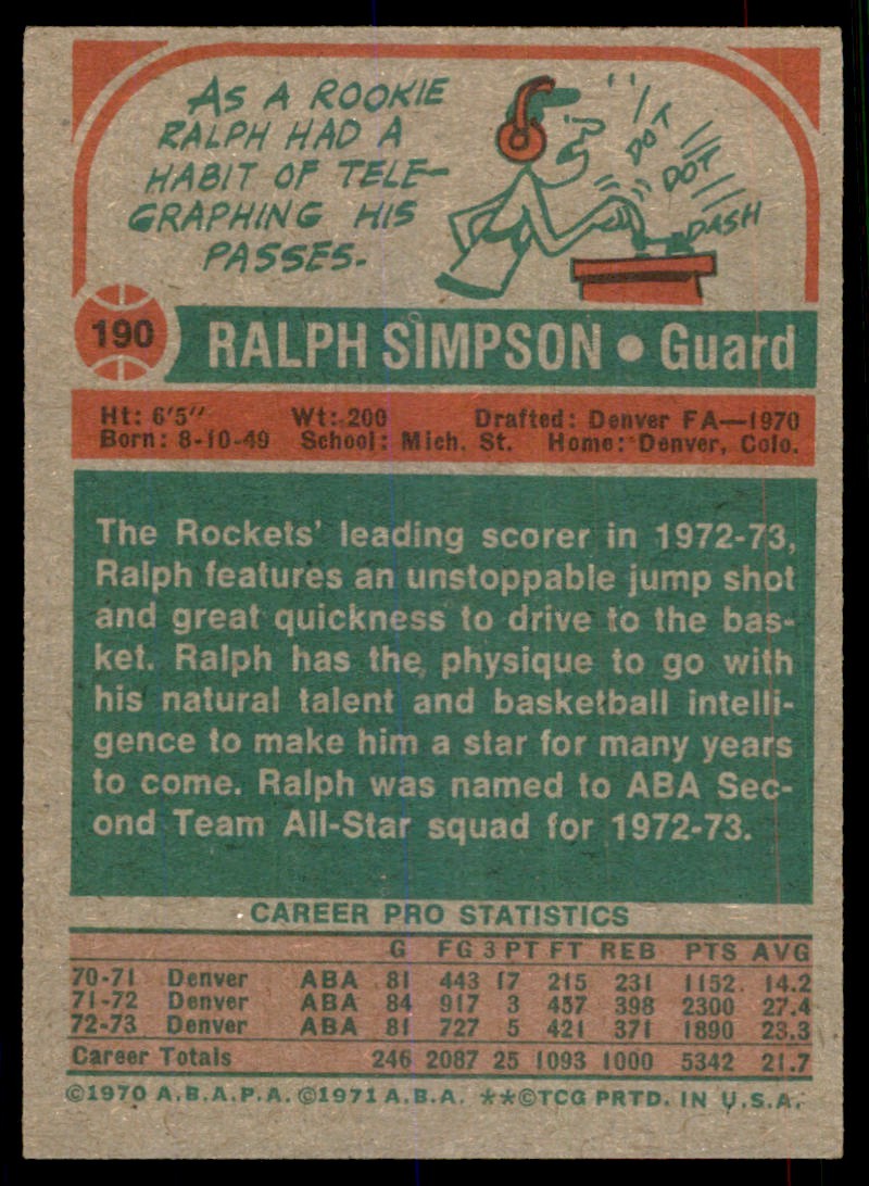 1973-74 Topps Basketball Card Ralph Simpson Denver Rockets #190