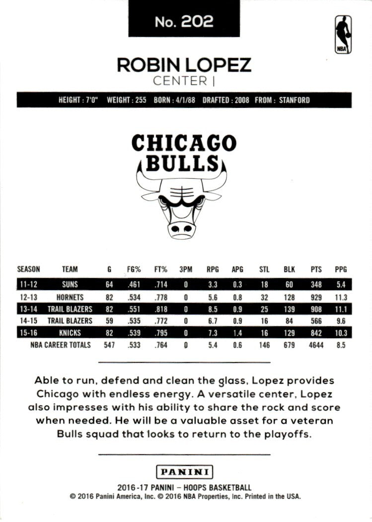2016-17 Hoops Basketball Card Robin Lopez Chicago Bulls #202