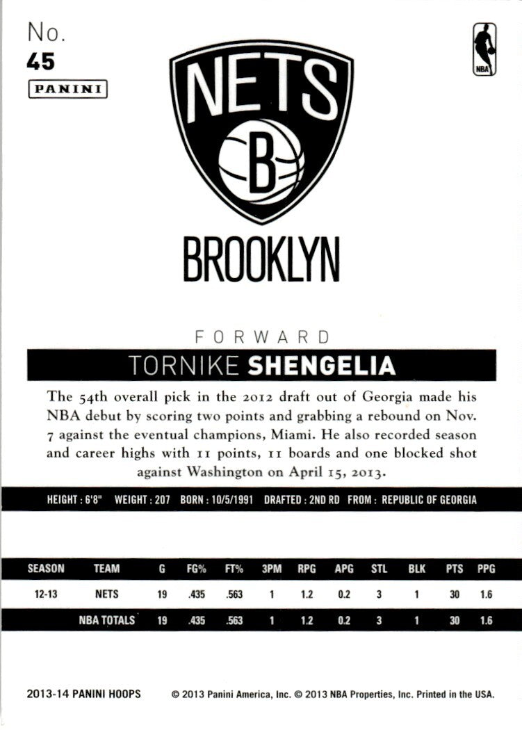 2013-14 Hoops Basketball Card Tornike Shengelia Brooklyn Nets #45