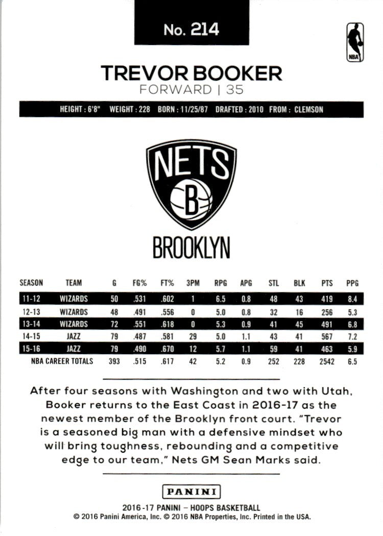 2016-17 Hoops Basketball Card Trevor Booker Brooklyn Nets #214