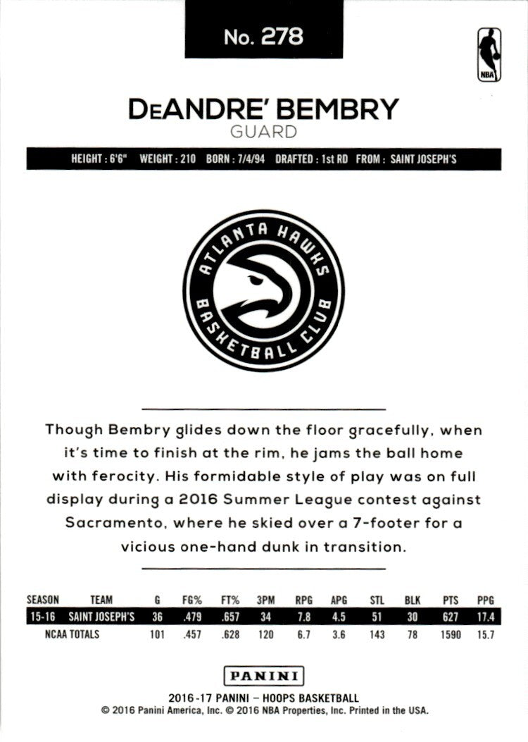 2016-17 Hoops Basketball Card DeAndre' Bembry Rookie Atlanta Hawks #278