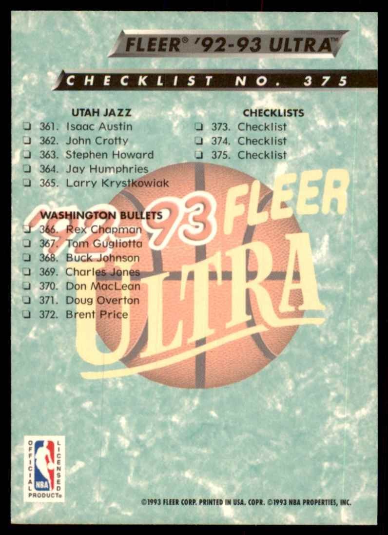 1992-93 Fleer-Ultra Utah Jazz Basketball Cards #375