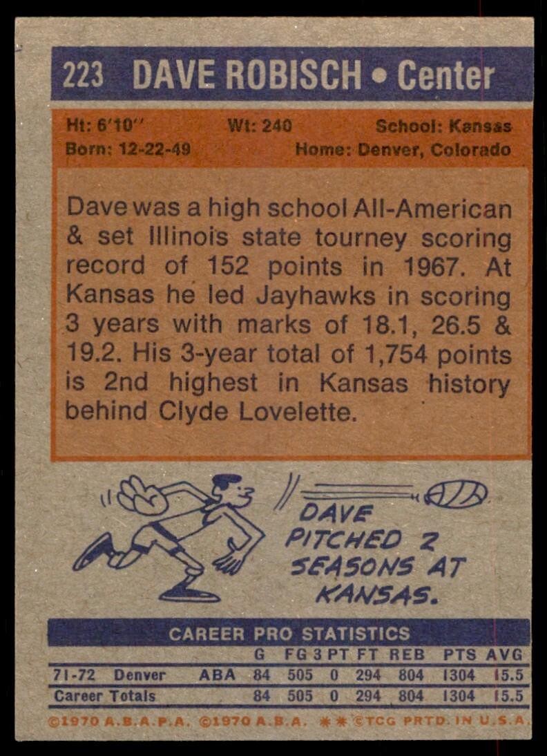 1972-73 Topps Basketball Card Dave Robisch Rookie Denver Rockets #223