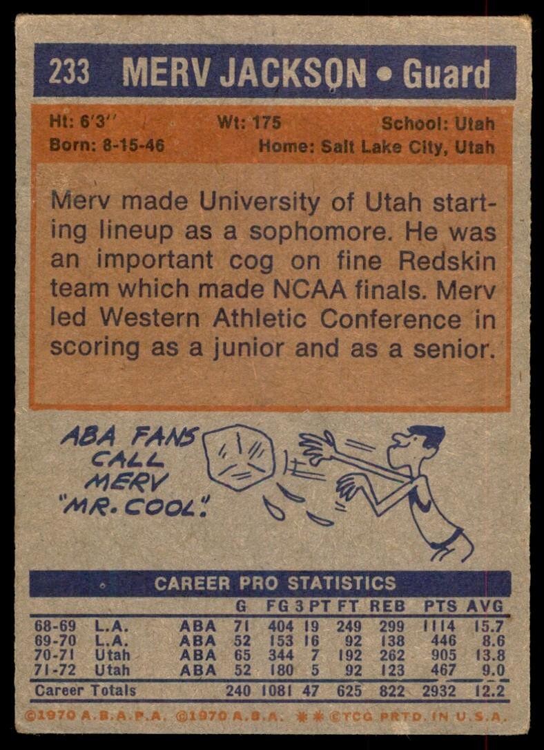 1972-73 Topps Basketball Card Merv Jackson A Utah Stars #233