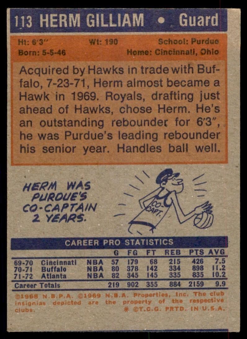 1972-73 Topps Basketball Card Herm Gilliam Atlanta Hawks #113