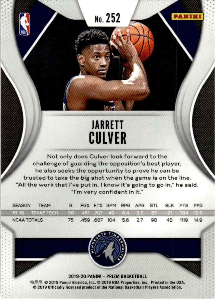 2019-20 Panini Prizm Basketball Card Jarrett Culver Rookie C Minnesota