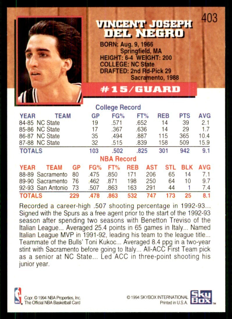 1993-94 NBA Hoops Vinny Del Negro Basketball cards #403